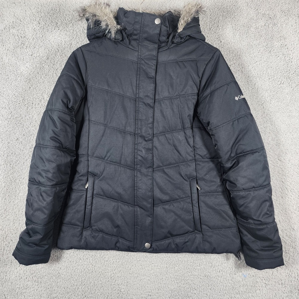 Columbia Puffer Nylon Jacket Coat Womens M Black Faux Fur Hood Ski Wear Gorpcore